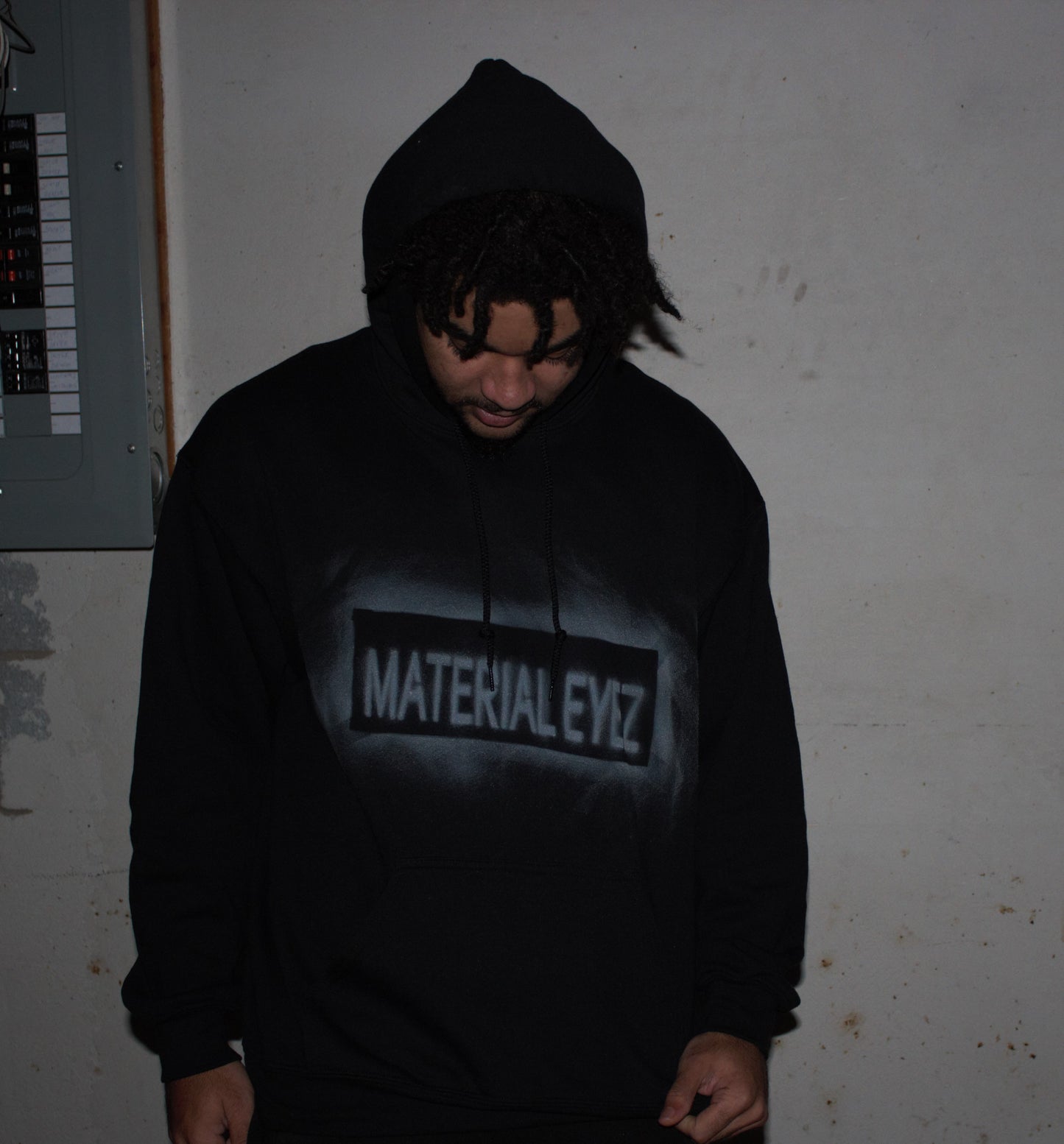 Material Eyez Black Hoodie white logo