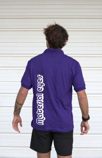 Material Eyez Purple Short Sleeve Polo White Font