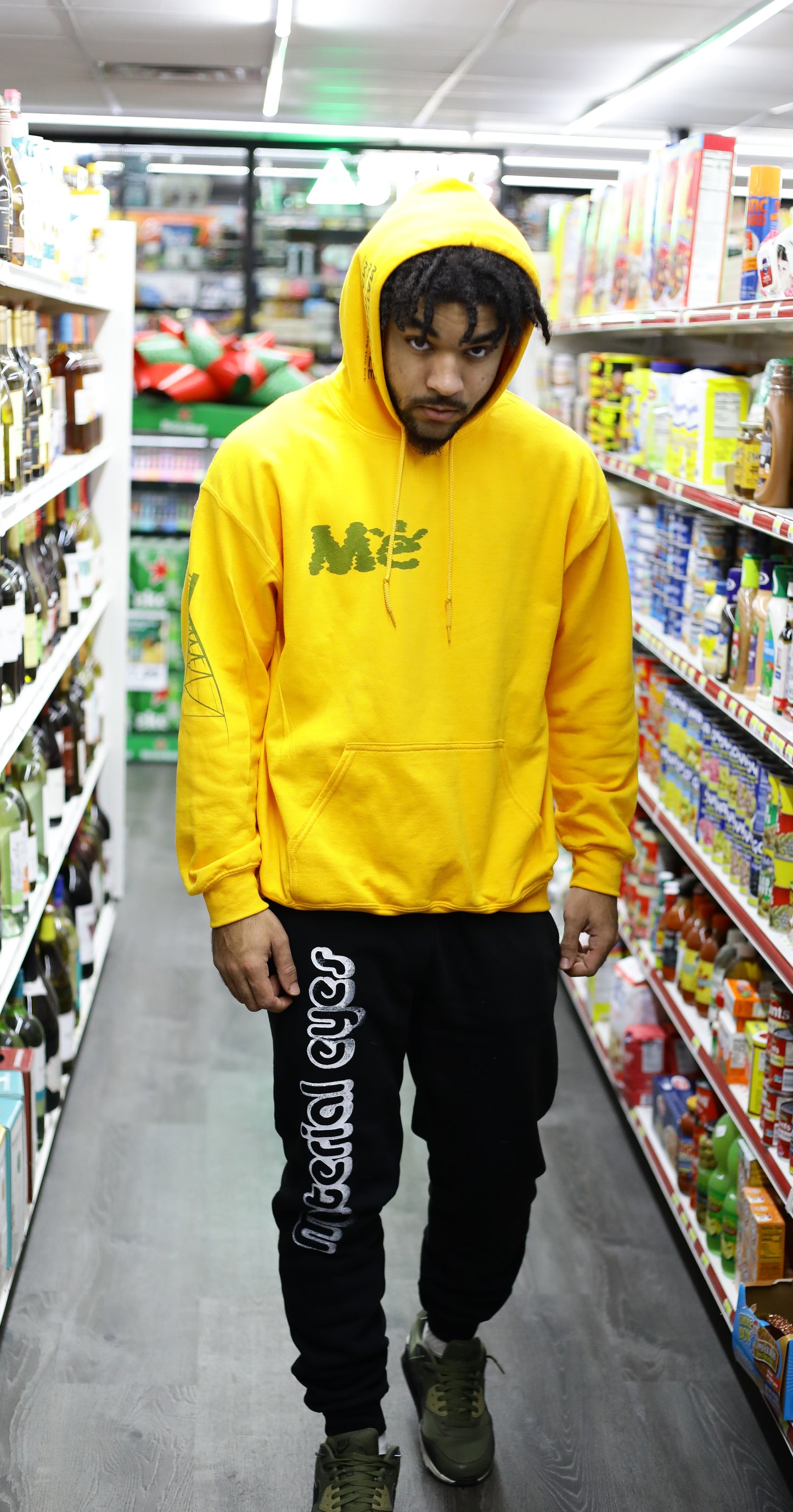 Material Eyez Yellow Hoodie Red Logo
