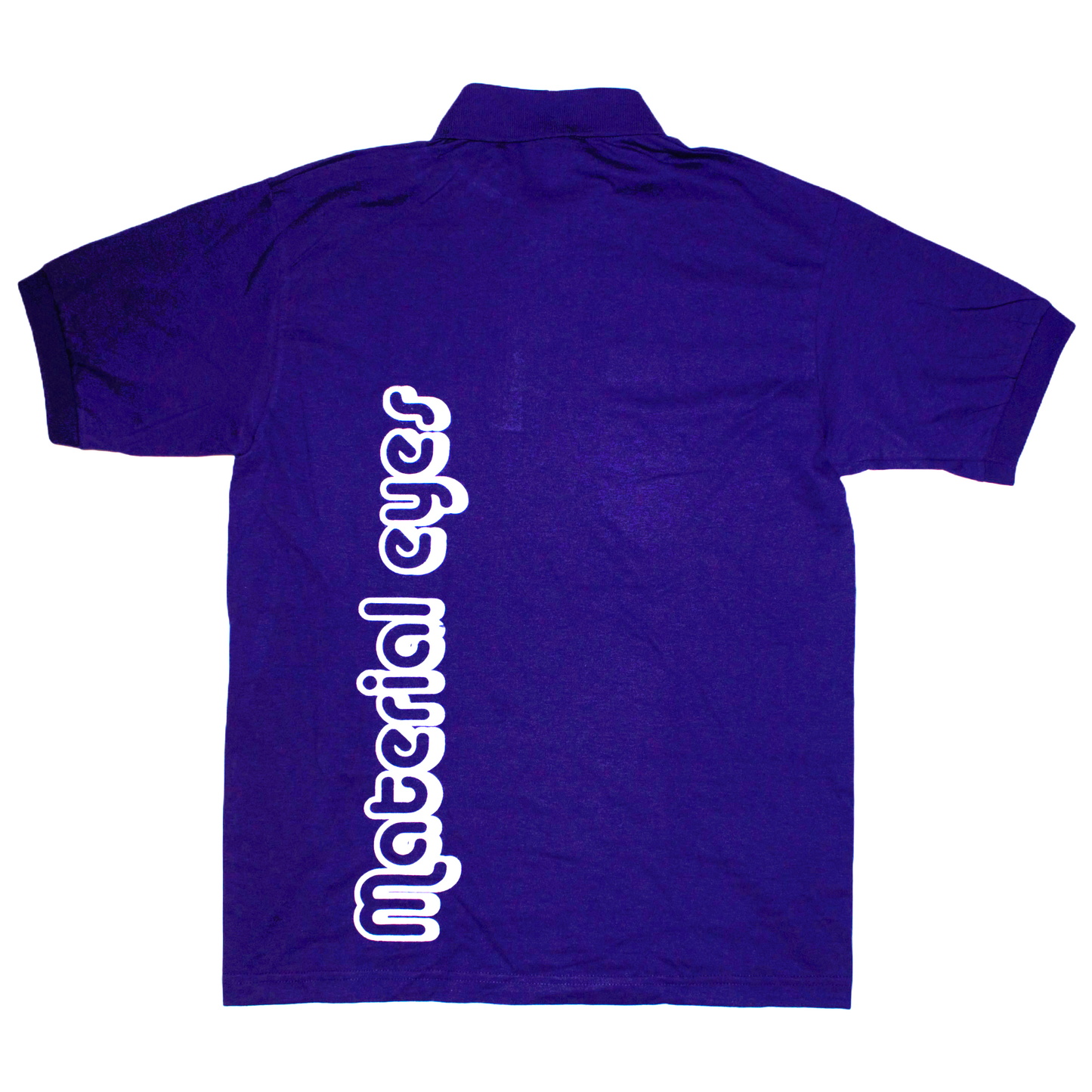 Material Eyez Purple Short Sleeve Polo White Font