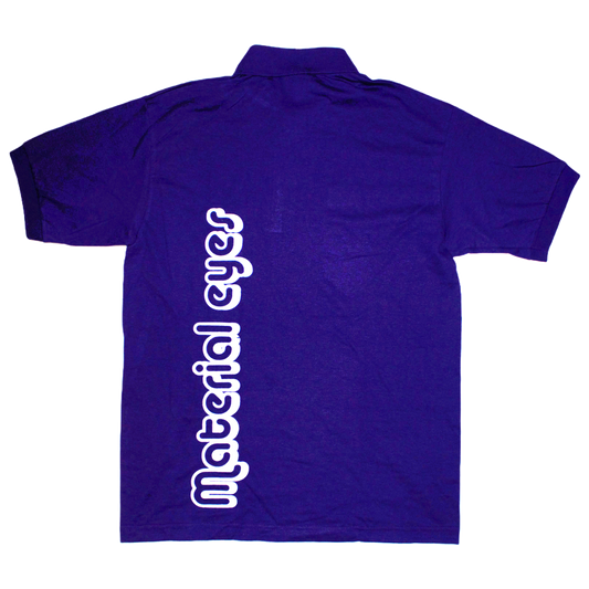 Material Eyez Purple Short Sleeve Polo White Font