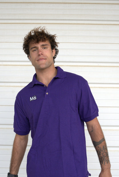 Material Eyez Purple Short Sleeve Polo White Font